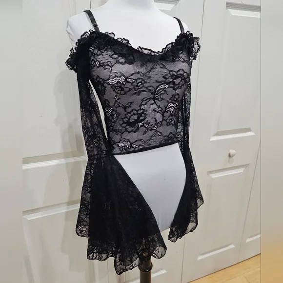 Dolls Kill Widow Gothic With Grace Black Mesh Lace Cropped Sheer Top S - Picture 12 of 12